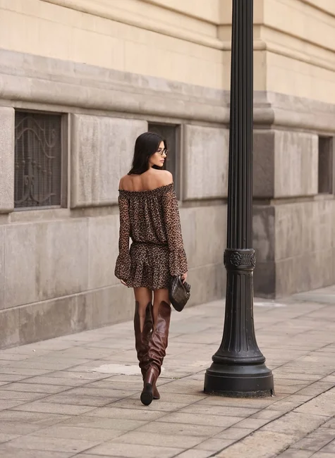 Boho Off-Shoulder Mini Dress – Animal Print