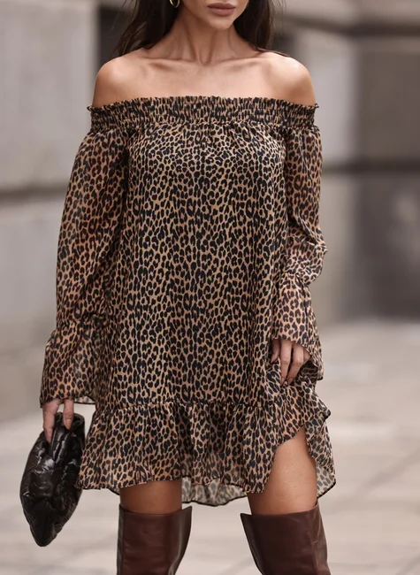 Boho Off-Shoulder Mini Dress – Animal Print