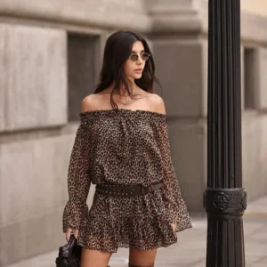 Boho Off-Shoulder Mini Dress – Animal Print