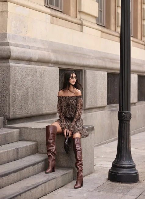 Boho Off-Shoulder Mini Dress – Animal Print
