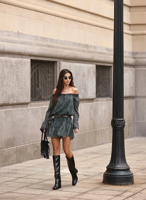 Boho Off-Shoulder Mini Dress – Animal Print