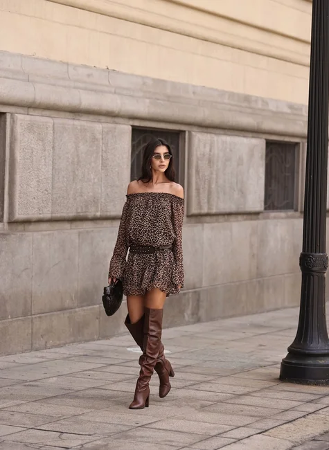 Boho Off-Shoulder Mini Dress – Animal Print
