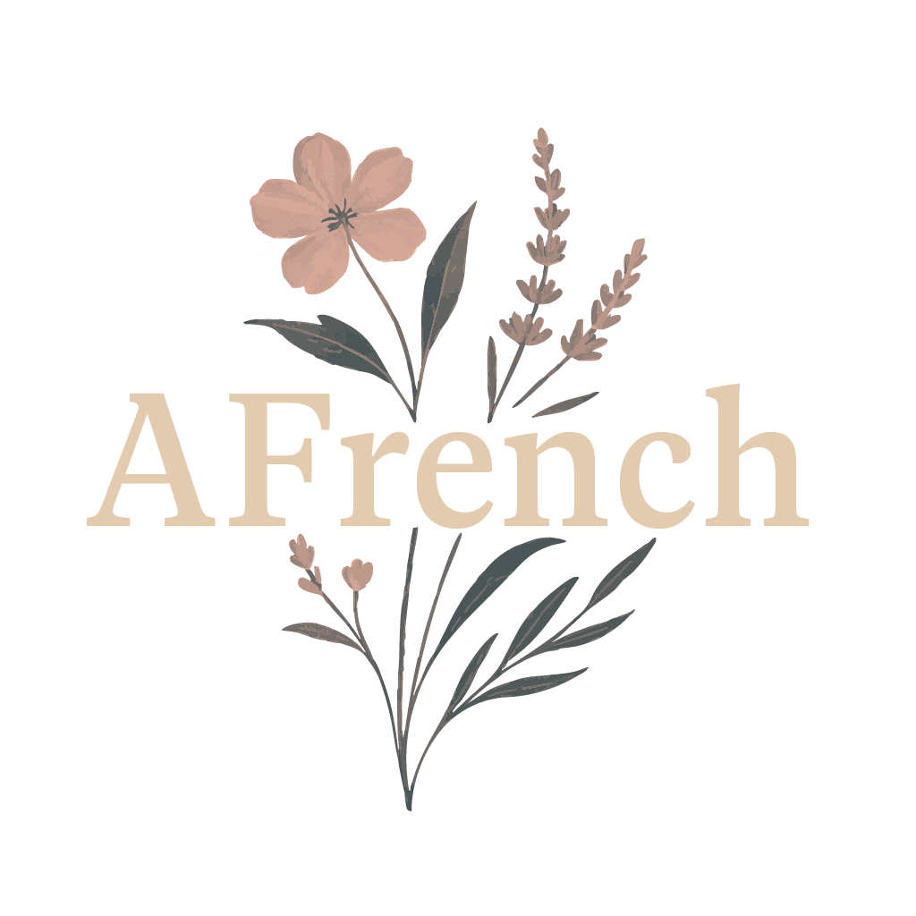 Elegant logo with floral design and 'AFrench' text in soft tones.