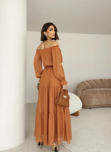 Off-Shoulder-Midi-Dress-in-Chiffon–Salmon