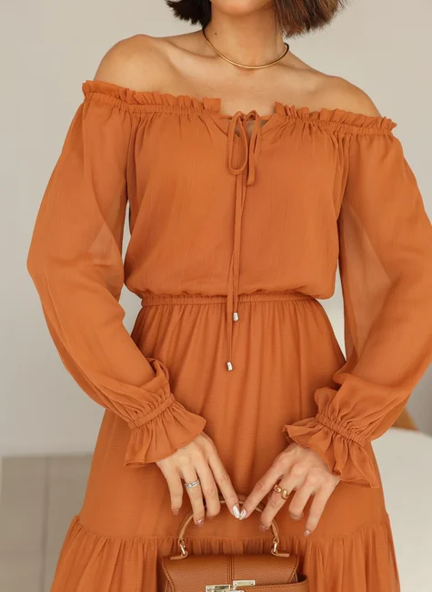 Off-Shoulder-Midi-Dress-in-Chiffon–Salmon