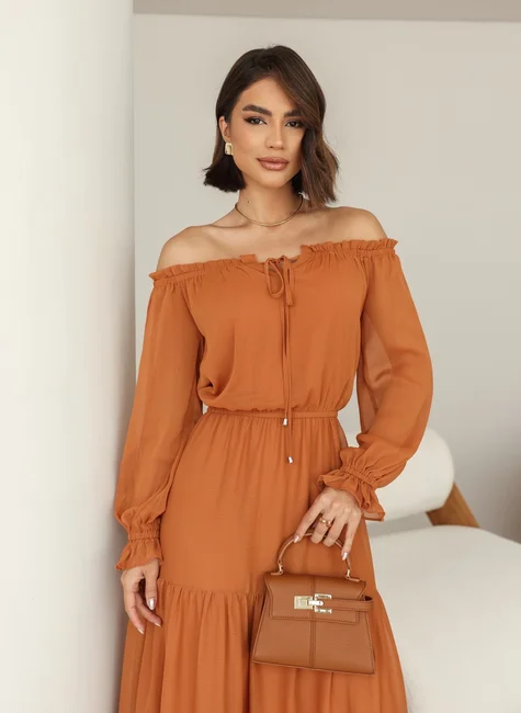 Off-Shoulder-Midi-Dress-in-Chiffon–Salmon