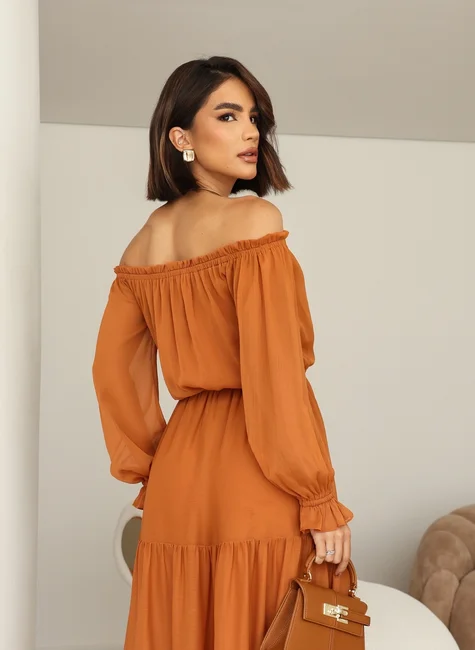 Off-Shoulder-Midi-Dress-in-Chiffon–Salmon