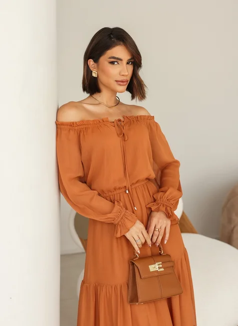 Off-Shoulder-Midi-Dress-in-Chiffon–Salmon