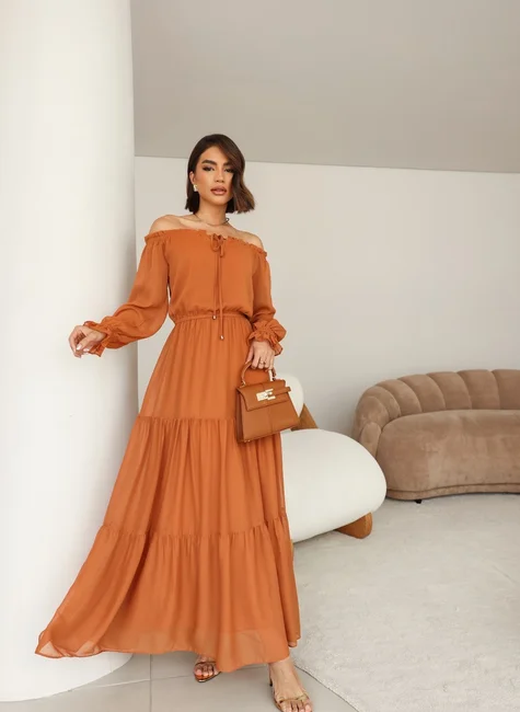 Off-Shoulder-Midi-Dress-in-Chiffon–Salmon