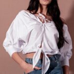 Off-Shoulder Puff Sleeve Blouse with Front Tie