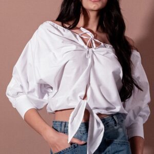 Off-Shoulder Puff Sleeve Blouse with Front Tie2