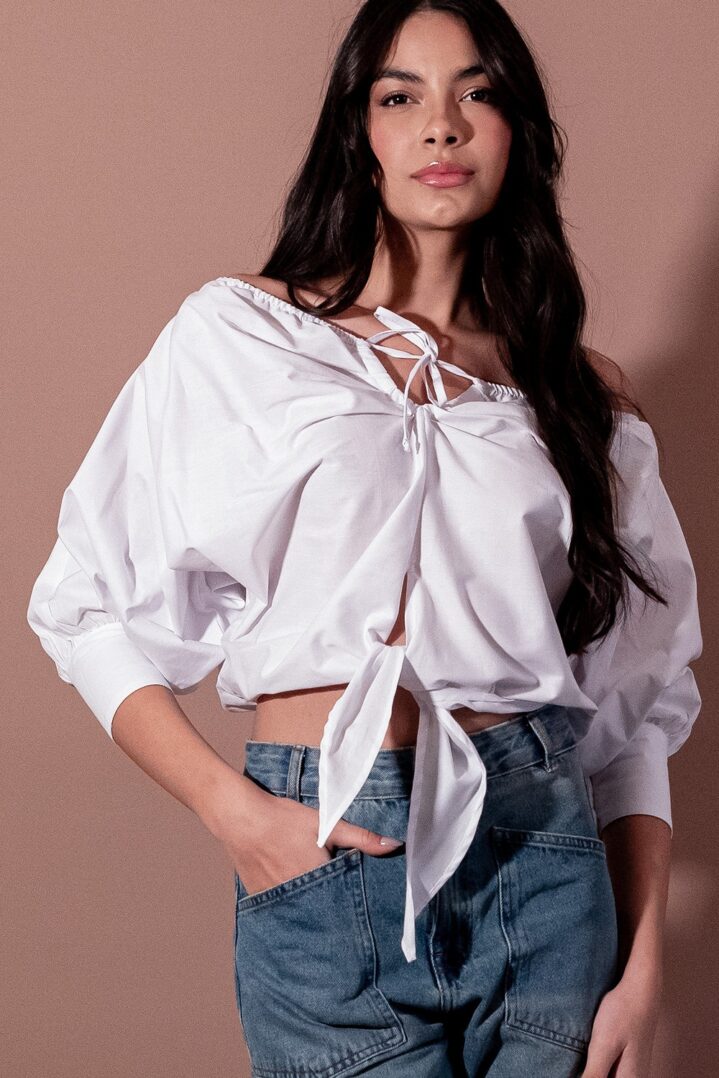 Off-Shoulder Puff Sleeve Blouse with Front Tie2