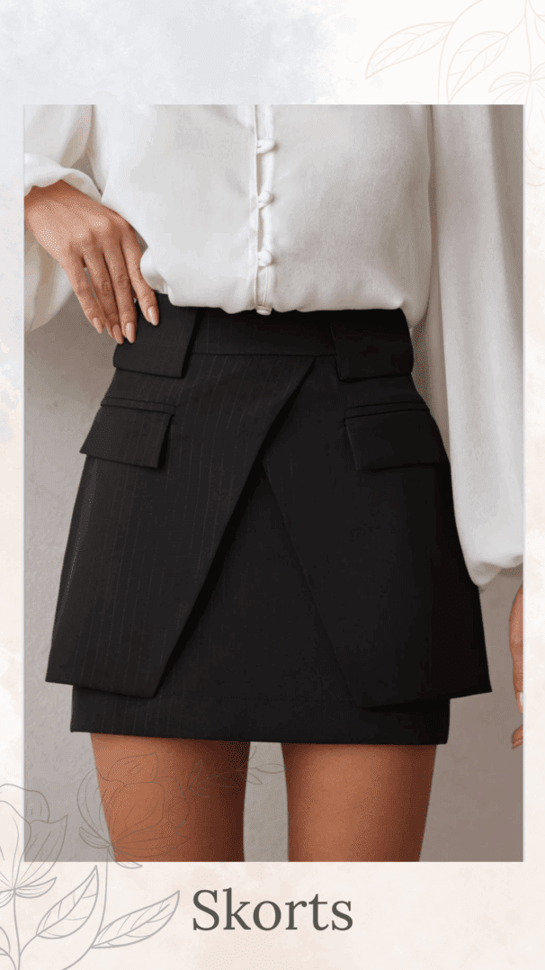 a woman in black banner skorts